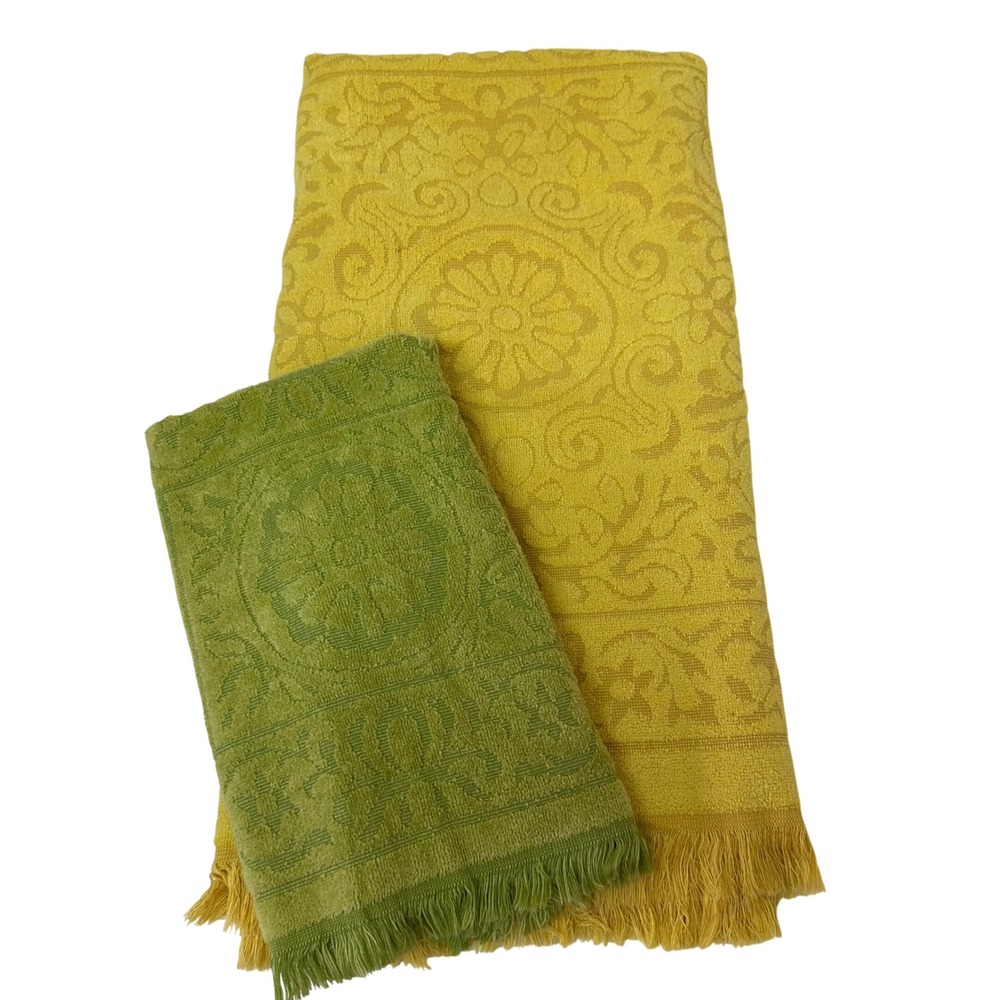 Vintage Sears Drylon Towel Set Yellow Green Floral Damask Fringed MCM USA